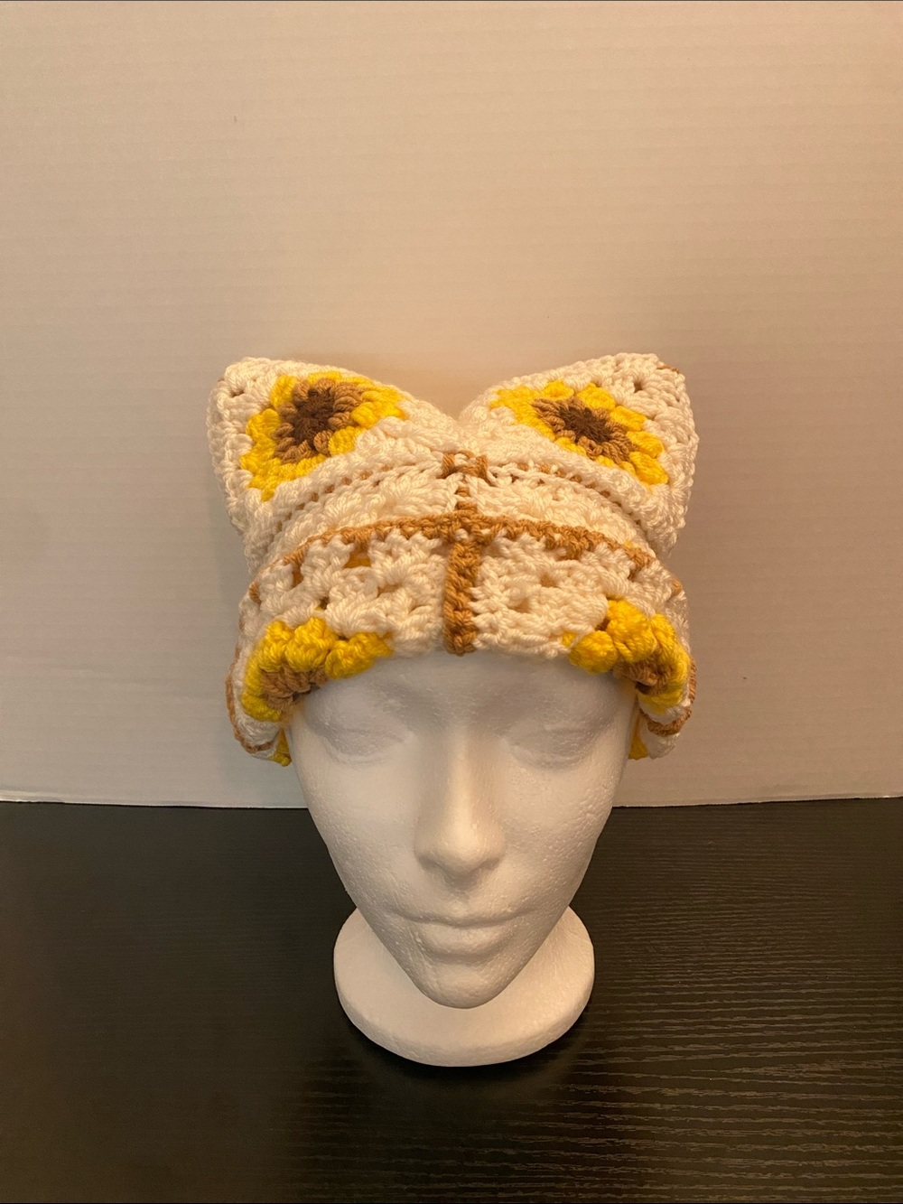 Handmade Cream, Yellow & Brown Crochet Cat Ear Beanie